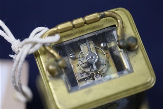 A French miniature brass and champleve enamel carriage timepiece, c.1900, 3in.